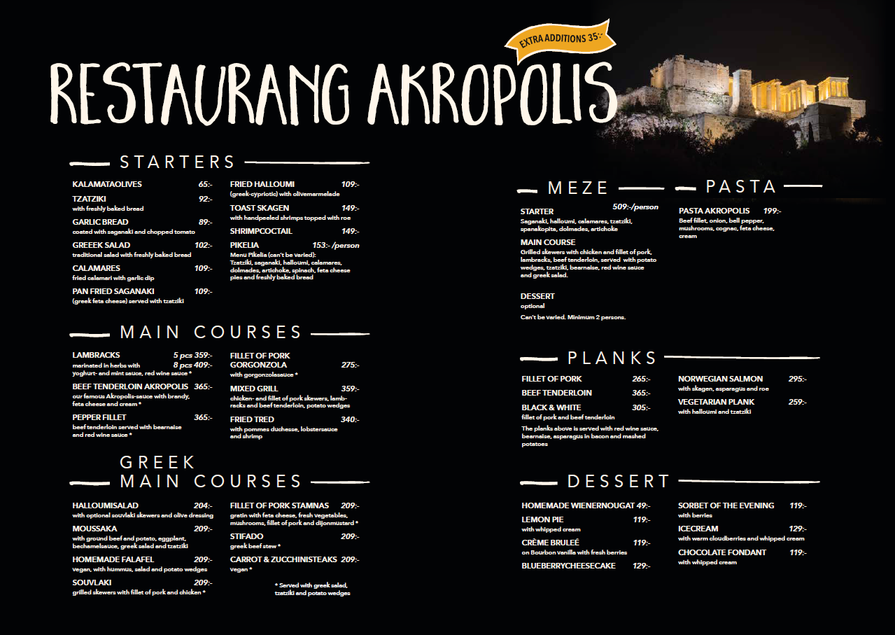 Restaurang Akropolis A la carte menu English
